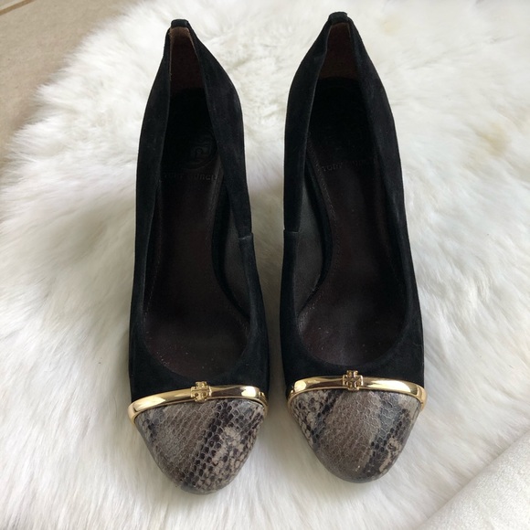 Tory Burch Black Suede Snake Cap Toe Pacey Pumps - Picture 5 of 8